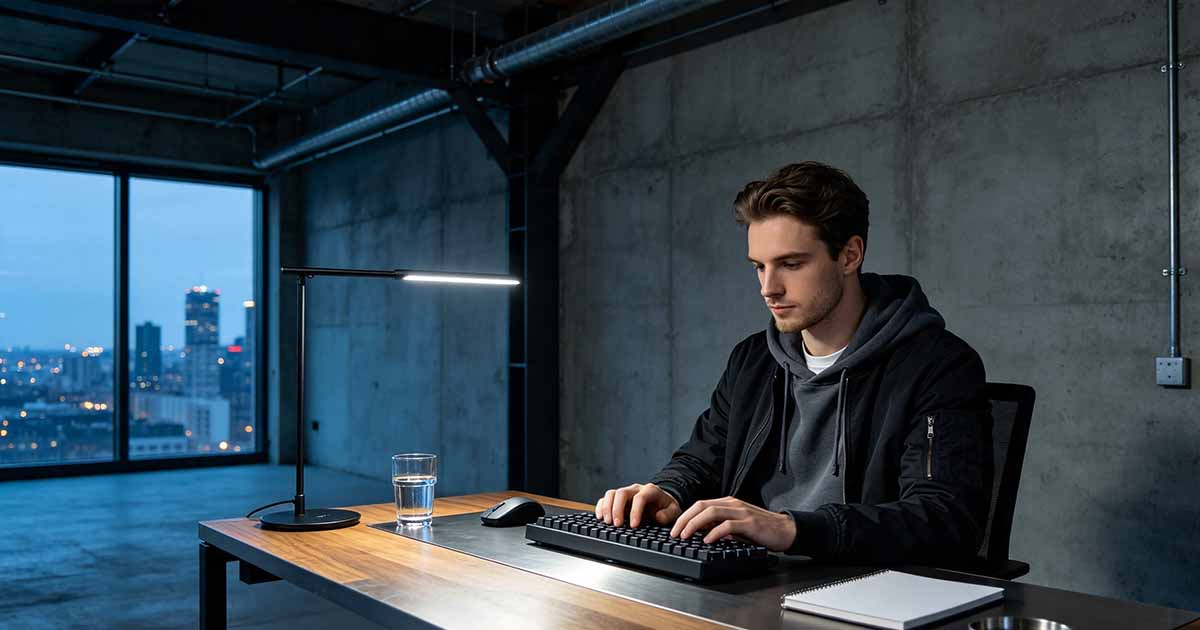 Hoe u zich daadwerkelijk kunt afmelden: werk en privé scheiden wanneer u vanuit huis werkt: professional werkend aan een bureau